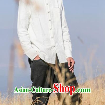 Traditional Chinese Linen Tang Suit Men Costumes, Chinese Ancient Tunic Suit Long Sleeved Shirt Plate Buttons Shirt for Men