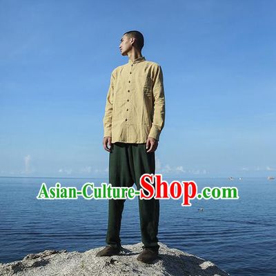 Traditional Chinese Linen Tang Suit Men Costumes, Chinese Ancient Tunic Suit Long Sleeved Shirt Plate Buttons Shirt for Men