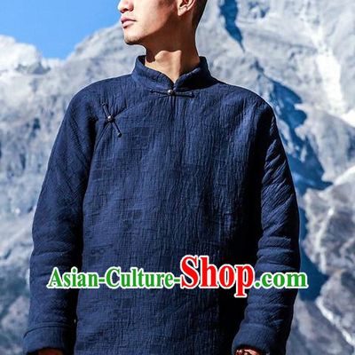 Traditional Chinese Linen Tang Suit Men Costumes, Chinese Ancient Thicken Cotton-Padded Jacket, Slant Opening Brass Buttons Cotton Wadded Robe for Men
