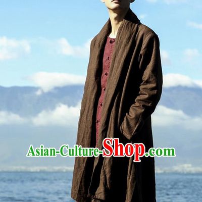 Traditional Chinese Linen Tang Suit Men Costumes Dust Coat, Chinese Ancient Linen Double Collar Men Hanfu, Linen Long Coat for Men