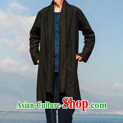 Traditional Chinese Linen Tang Suit Men Costumes Dust Coat, Chinese Ancient Linen Double Collar Men Hanfu, Linen Long Coat for Men