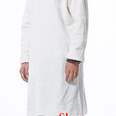 Traditional Chinese Linen Tang Suit Men Costumes Coats, Chinese Ancient Linen Slant Opening Plate Buttons Dust Coat Linen Frock for Men