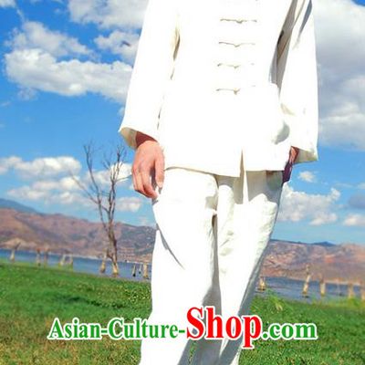 Traditional Chinese Linen Tang Suit Men Costumes, Hanfu Men Suits, Chinese Ancient Front Opening Brass Buttons Long Sleeved Shirt and Pants Costume for Men