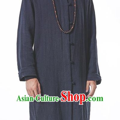 Traditional Chinese Linen Tang Suit Men Costumes, Chinese Ancient Hanfu Long Coat Dust Coat, Front Opening Plate Buttons Long Robe for Men