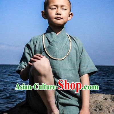 Traditional Chinese Linen Tang Suit Children Little Monk Costumes, Hanfu Suits, Chinese Ancient Slant Opening Little Monk Shirt and Pants Costume for Kids