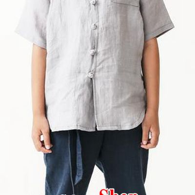 Traditional Chinese Linen Tang Suit Children Little Monk Costumes, Hanfu Suits, Chinese Ancient Front Plate Buttons Opening Little Monk Shirt for Kids