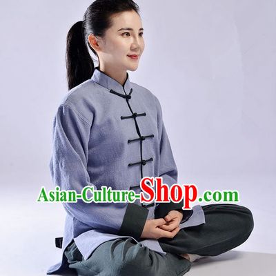 Traditional Chinese Top Thicken Linen Kung Fu Costume Martial Arts Kung Fu Training Uniform Tang Suit Gongfu Shaolin Wushu Clothing Tai Chi Taiji Teacher Suits Uniforms for Women
