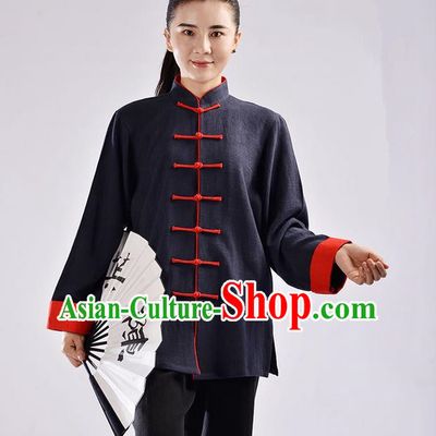 Traditional Chinese Top Thicken Linen Kung Fu Costume Martial Arts Kung Fu Training Uniform Tang Suit Gongfu Shaolin Wushu Clothing Tai Chi Taiji Teacher Suits Uniforms for Women