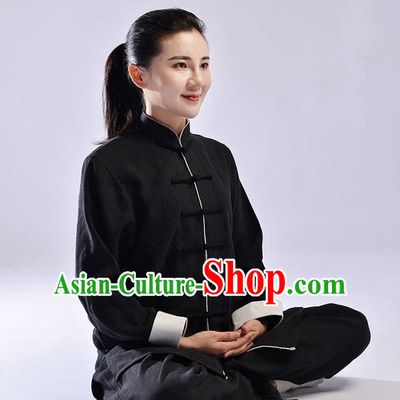 Traditional Chinese Top Thicken Linen Kung Fu Costume Martial Arts Kung Fu Training Uniform Tang Suit Gongfu Shaolin Wushu Clothing Tai Chi Taiji Teacher Suits Uniforms for Women