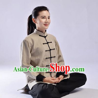 Traditional Chinese Top Thicken Linen Kung Fu Costume Martial Arts Kung Fu Training Uniform Tang Suit Gongfu Shaolin Wushu Clothing Tai Chi Taiji Teacher Suits Uniforms for Women