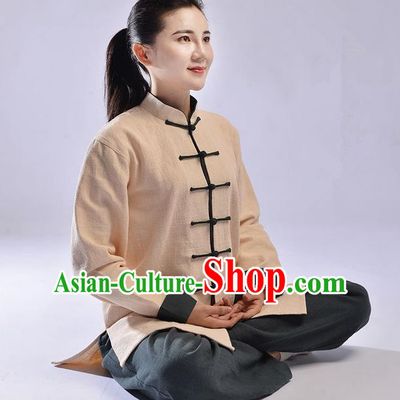 Traditional Chinese Top Thicken Linen Kung Fu Costume Martial Arts Kung Fu Training Uniform Tang Suit Gongfu Shaolin Wushu Clothing Tai Chi Taiji Teacher Suits Uniforms for Women