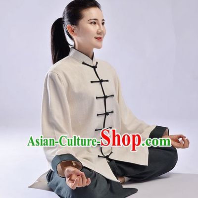 Traditional Chinese Top Thicken Linen Kung Fu Costume Martial Arts Kung Fu Training Uniform Tang Suit Gongfu Shaolin Wushu Clothing Tai Chi Taiji Teacher Suits Uniforms for Women