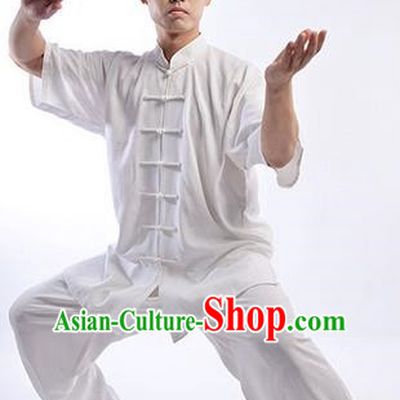 Traditional Chinese Top Linen Short Sleeve Kung Fu Costume Martial Arts Kung Fu Training Uniform Gongfu Shaolin Wushu Clothing Tai Chi Taiji Teacher Suits Uniforms for Men
