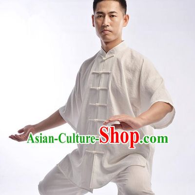 Traditional Chinese Top Linen Short Sleeve Kung Fu Costume Martial Arts Kung Fu Training Uniform Tang Suit Gongfu Shaolin Wushu Clothing Tai Chi Taiji Teacher Suits Uniforms for Men