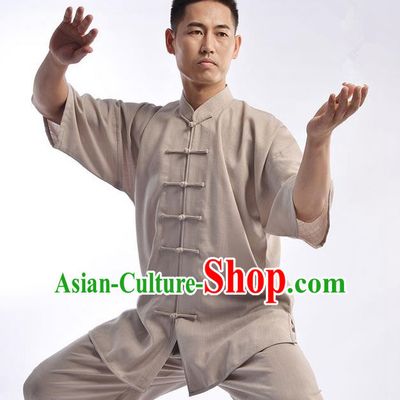 Traditional Chinese Top Linen Short Sleeve Kung Fu Costume Martial Arts Kung Fu Training Uniform Tang Suit Gongfu Shaolin Wushu Clothing Tai Chi Taiji Teacher Suits Uniforms for Men