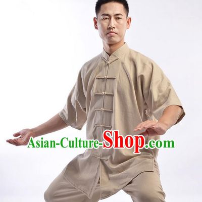 Traditional Chinese Top Linen Short Sleeve Kung Fu Costume Martial Arts Kung Fu Training Uniform Gongfu Shaolin Wushu Clothing Tai Chi Taiji Teacher Suits Uniforms for Men
