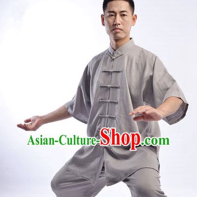 Traditional Chinese Top Linen Short Sleeve Kung Fu Costume Martial Arts Kung Fu Training Uniform Gongfu Shaolin Wushu Clothing Tai Chi Taiji Teacher Suits Uniforms for Men