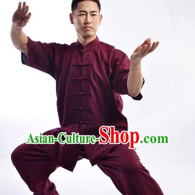 Traditional Chinese Top Linen Short Sleeve Kung Fu Costume Martial Arts Kung Fu Training Uniform Gongfu Shaolin Wushu Clothing Tai Chi Taiji Teacher Suits Uniforms for Men