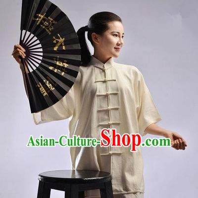 Traditional Chinese Linen Kung Fu Short Sleeve Costume Martial Arts Kung Fu Training Uniform Tang Suit Gongfu Shaolin Wushu Clothing Tai Chi Taiji Teacher Suits Uniforms for Women