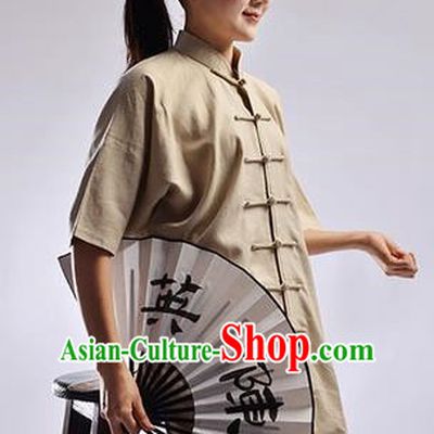 Traditional Chinese Linen Kung Fu Short Sleeve Costume Martial Arts Kung Fu Training Uniform Tang Suit Gongfu Shaolin Wushu Clothing Tai Chi Taiji Teacher Suits Uniforms for Women