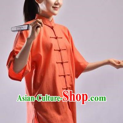 Traditional Chinese Linen Kung Fu Short Sleeve Costume Martial Arts Kung Fu Training Uniform Tang Suit Gongfu Shaolin Wushu Clothing Tai Chi Taiji Teacher Suits Uniforms for Women