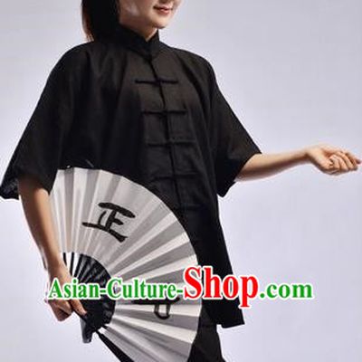 Traditional Chinese Linen Kung Fu Short Sleeve Costume Martial Arts Kung Fu Training Uniform Tang Suit Gongfu Shaolin Wushu Clothing Tai Chi Taiji Teacher Suits Uniforms for Women