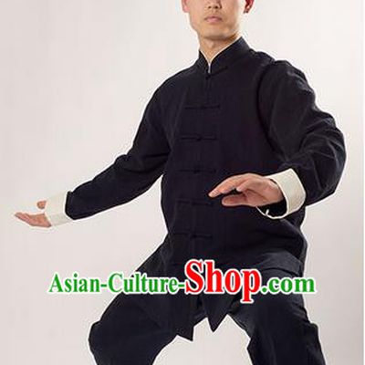 Traditional Chinese Thicken Linen Kung Fu Costume Martial Arts Kung Fu Training Uniform Tang Suit Gongfu Shaolin Wushu Clothing Tai Chi Taiji Teacher Suits Uniforms for Men