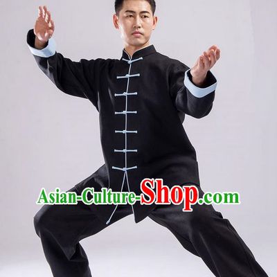 Traditional Chinese Thicken Double Linen Velvet Kung Fu Costume Martial Arts Kung Fu Training Uniform Tang Suit Gongfu Shaolin Wushu Clothing Tai Chi Taiji Teacher Suits Uniforms for Men
