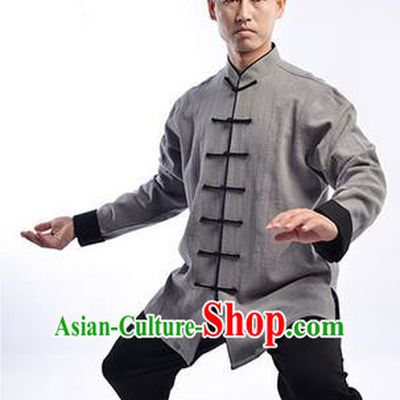 Traditional Chinese Thicken Linen Kung Fu Costume Martial Arts Kung Fu Training Uniform Tang Suit Gongfu Shaolin Wushu Clothing Tai Chi Taiji Teacher Suits Uniforms for Men