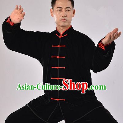 Traditional Chinese Thicken Pleuche Kung Fu Costume Martial Arts Kung Fu Training Uniform Tang Suit Gongfu Shaolin Wushu Clothing Tai Chi Taiji Teacher Suits Uniforms for Men