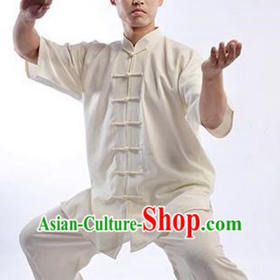 Traditional Chinese Linen Kung Fu Short Sleeve Costume Martial Arts Kung Fu Training Uniform Tang Suit Gongfu Shaolin Wushu Clothing Tai Chi Taiji Teacher Suits Uniforms for Men