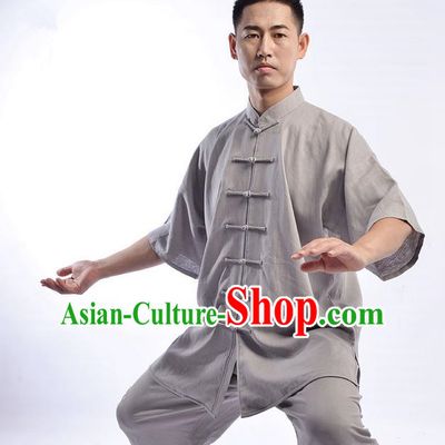 Traditional Chinese Linen Kung Fu Short Sleeve Costume Martial Arts Kung Fu Training Uniform Tang Suit Gongfu Shaolin Wushu Clothing Tai Chi Taiji Teacher Suits Uniforms for Men