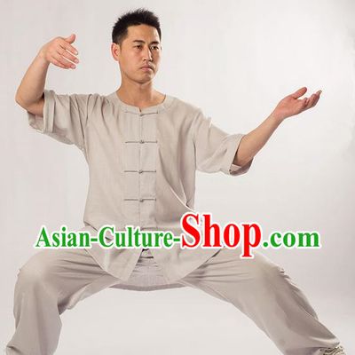 Traditional Chinese Fine Linen Short Sleeve Kung Fu Costume Martial Arts Kung Fu Training Uniform Tang Suit Gongfu Shaolin Wushu Clothing Tai Chi Taiji Teacher Suits Uniforms for Men