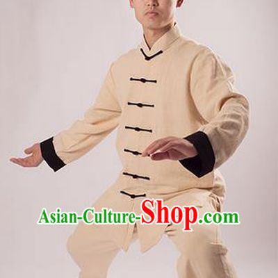 Traditional Chinese Thicken Linen Kung Fu Costume Martial Arts Kung Fu Training Uniform Tang Suit Gongfu Shaolin Wushu Clothing Tai Chi Taiji Teacher Suits Uniforms for Men