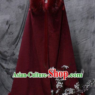 Chinese Ancient Cosplay Costumes Cloak, Chinese Traditional Embroidered Royal Prince Fur Collar Cloak, Ancient Chinese Cosplay Swordsman Knight Cloak for Men