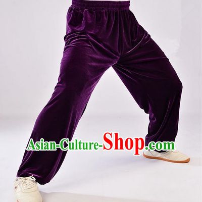 Traditional Chinese Thicken Pleuche Kung Fu Trousers, Martial Arts Kung Fu Training Trousers Tang Suit Gongfu Shaolin Wushu Clothing Tai Chi Taiji Teacher Pants for Women