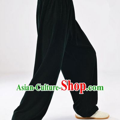 Traditional Chinese Thicken Pleuche Kung Fu Trousers, Martial Arts Kung Fu Training Trousers Tang Suit Gongfu Shaolin Wushu Clothing Tai Chi Taiji Teacher Pants for Men
