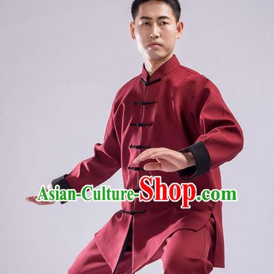 Traditional Chinese Double Flocking Linen Kung Fu Costume Martial Arts Kung Fu Training Uniform Tang Suit Gongfu Shaolin Wushu Clothing Tai Chi Taiji Teacher Suits Uniforms for Men