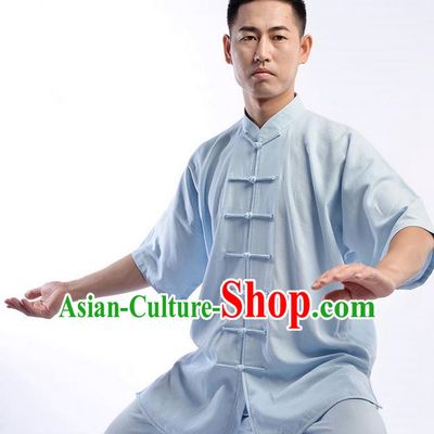 Traditional Chinese Short Sleeve Linen Kung Fu Costume Martial Arts Kung Fu Training Uniform Tang Suit Gongfu Shaolin Wushu Clothing Tai Chi Taiji Teacher Suits Uniforms for Men