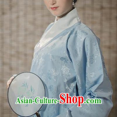 Traditional Chinese Ming Dynasty Young Lady Embroidered Costume Blue Silk Jacket, Asian China Ancient Hanfu Blouse for Women
