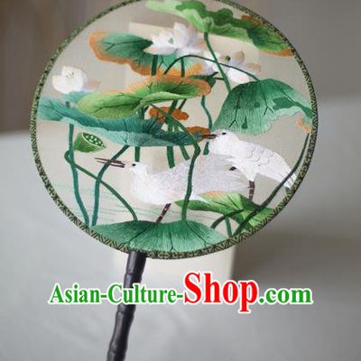 Traditional Chinese Palace Lady Accessories Hanfu Embroidered Birds Lotus Fans, Asian China Ancient Round Fan for Women
