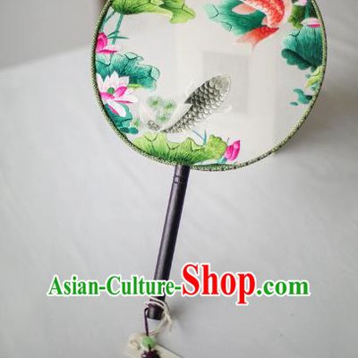 Traditional Chinese Palace Lady Accessories Hanfu Embroidered Lotus Fish Fans, Asian China Ancient Round Fan for Women