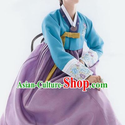 Traditional Korean Costumes Bride Wedding Blue Blouse and Purple Silk Dress, Korea Hanbok Princess Court Embroidered Clothing for Women