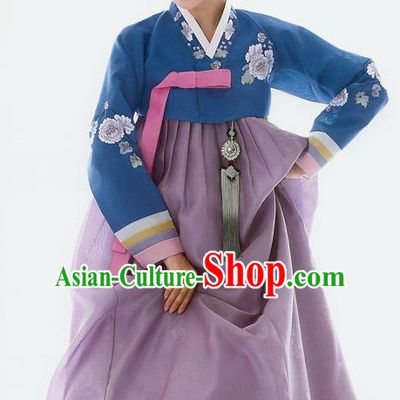 Traditional Korean Costumes Bride Wedding Deep Blue Blouse and Purple Silk Dress, Korea Hanbok Princess Court Embroidered Clothing for Women