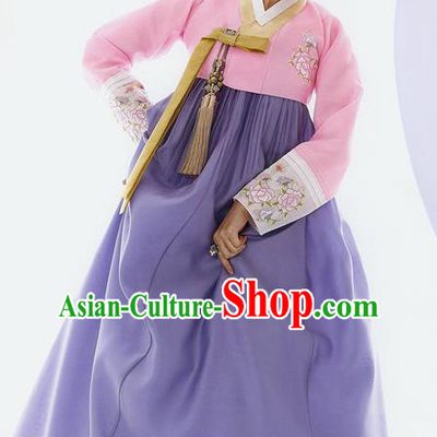 Traditional Korean Costumes Bride Wedding Pink Blouse and Purple Silk Dress, Korea Hanbok Princess Court Embroidered Clothing for Women