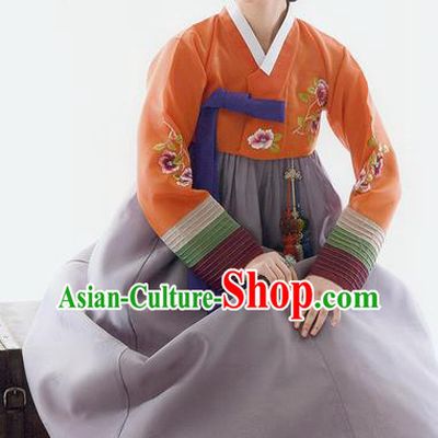 Traditional Korean Costumes Bride Wedding Orange Blouse and Purple Silk Dress, Korea Hanbok Princess Court Embroidered Clothing for Women