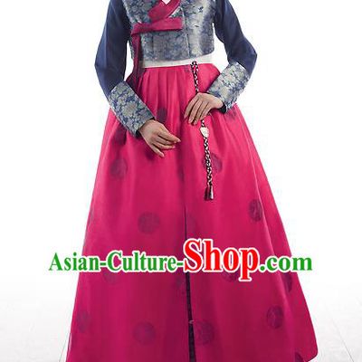 Traditional Korean Costumes Princess Navy Blouse and Pink Dress, Korea Hanbok Court Embroidered Clothing for Women