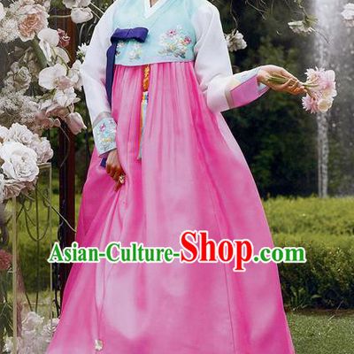 Traditional Korean Costumes Princess Green Blouse and Pink Dress, Asian Korea Hanbok Court Embroidered Clothing for Women