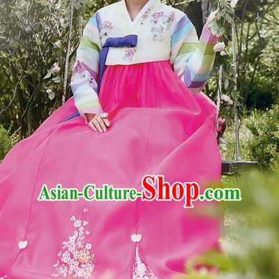 Traditional Korean Costumes Princess Yellow Blouse and Pink Dress, Asian Korea Hanbok Court Embroidered Clothing for Women