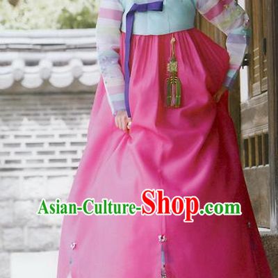 Traditional Korean Costumes Imperial Consort Wedding Blue Blouse and Pink Dress, Asian Korea Hanbok Court Bride Embroidered Clothing for Women